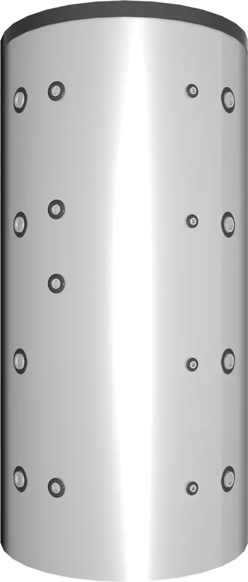 Vertikaler Pufferspeicher von Juratherm, silberne Oberflächenstruktur mit runden Elementen, wohl isoliert, für die Speicherung von Wärme.